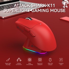 ATTACK SHARK X11 Lightweight Wireless Gaming Mouse with RGB Charging Dock,Tri-Mode-2.4G/USB-C Wired/BT,22K DPI,PAW3311 Optical Sensor,HUYU Switch, 5 programmable Buttons for PC/Mac(Red)