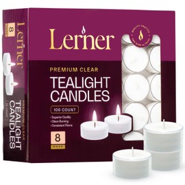 Lerner Tealight Candles in Clear Cups, 100 Count| 8 Hours Long-Burning White Tea Light Candles| Non-Toxic, Smokeless & Soot-Free Tea Light Warmer Candles | Unscented Party, Décor, Shabbat Tea Candles