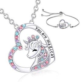 MNFPSJB 2 Pcs Unicorn Necklace Jewelry Gift Set Crystal Heart Silver Pendant Bracelet You are Magical Box Granddaughter Niece