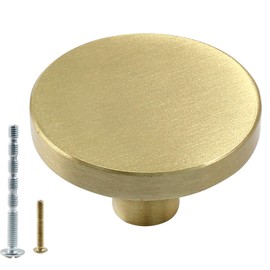Jiozermi 2Pcs Solid Brass Round Cabinet Knobs, 1-5/16-Inch Dresser Drawer Knobs Brass Kitchen Pulls Handles for Desk Drawer Cabinets Cupboard