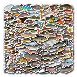 Fish Stickers for Laptop (100 Pieces), Gift for Children, Teenagers, Adults, Boys, Fish Waterproof Vinyl Stickers for Scrapbooking, Skateboard, Car, Luggage