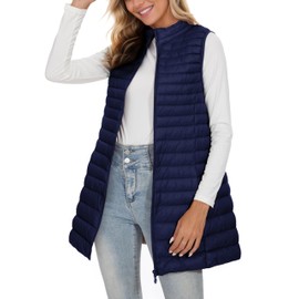 ELFJOY Long Puffer Vest Women Winter Ultra Light Long Down Vest with Stand Collar Navy Womens Vests Outerwear