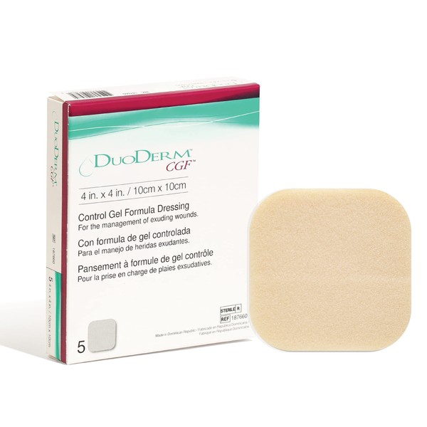 DuoDERM CGF Hydrocolloid 4"x4" Sterile Dressing for Use On Partial and Full-Thickness Wounds, Square, Beige, 187660, 5ct Box (Pack of 2)