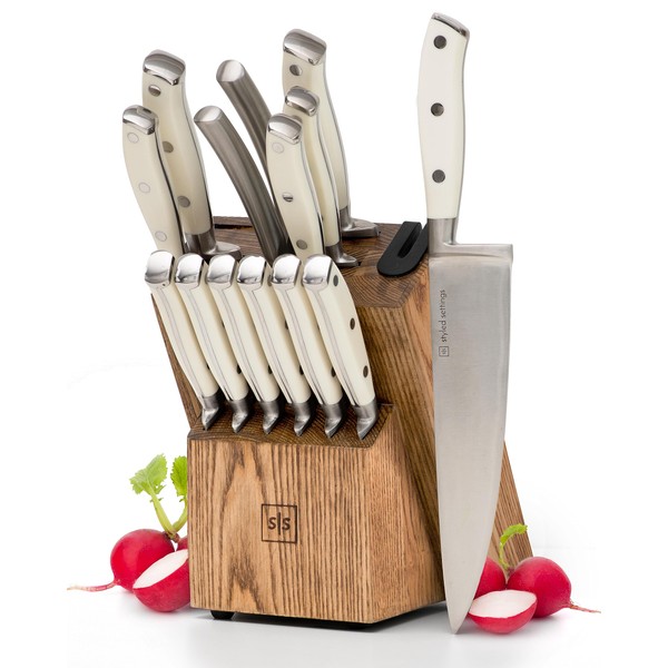 White Knife Set with Block - 14 Piece Forged Stainless Steel Triple Rivet White Kitchen Knife Set with Heavy Duty Kitchen Shears and Self Sharpening Knife Block Set