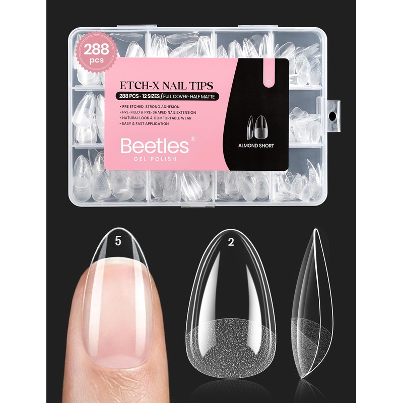 Beetles - Consejos de uñas cortas de almendra, 12 tamaños,