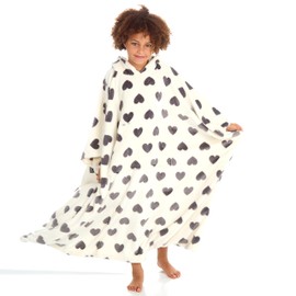 Metzuyan WS-AW23 Kids Girls Heart Print Oversize Hooded Poncho Blanket Plush Fleece Warm Cosy White One Size