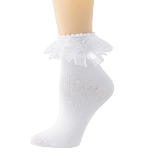 YASIDI Women Lace Ruffle Frilly Ankle Socks with Bow (US,