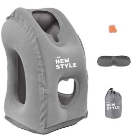 The Inflatable Travel Pillow Rest Neck for (Airplane - Car -Office -Buses-Trains) Comes with Free Eye Mask and Earplugs (Grey)
