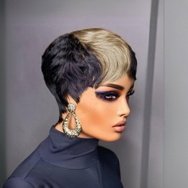 SisBroSis Short Layered Pixie Cut Human Hair Wigs With Bangs Chic Elegent Pixie Cut Wigs for Black Women Summer Glueless Lightweight easy to throw on and go(1b/gray)