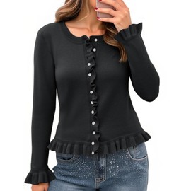 Saodimallsu Womens Ruffle Cardigan Sweaters Button Up Crew Neck Long Sleeve Cropped Sweater Cute Soft Knit Tops Black