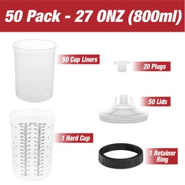 Disposable Paint Spray Gun Cups Liners and Lid System 50 Cup Liners, 50 Lids, 1 Hard Cup with Retainer Ring and 20 Plugs - Compatible with Original 1.0 System (not 2.0) (800ml | 27oz | 125 Micron)