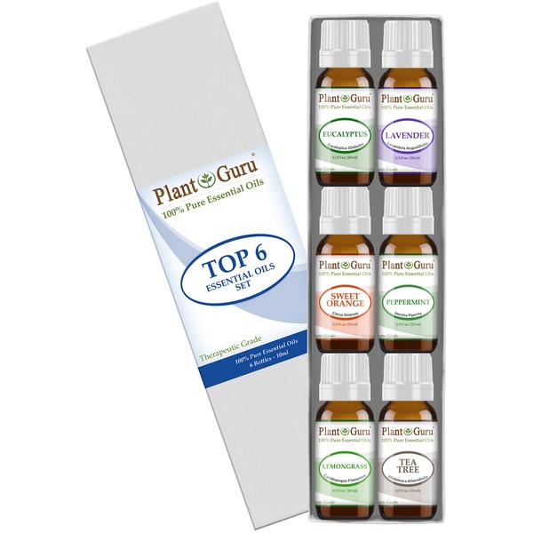 Essential Oil Set 6 - 10 ml Therapeutic Grade 100% Pure Tea Tree, Lavender, Eucalyptus, Lemongrass, Peppermint & Sweet Orange. for Skin, Body and Aromatherapy Diffuser