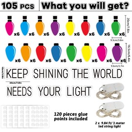 ZOIIWA 105 Pieces Christmas Light Bulbs Bulletin Board Set Classroom Decoration Christian Colorful Light Bulbs Border Cutouts with Led Lights for Xmas Winter Religious Holiday Home School Wall Decor