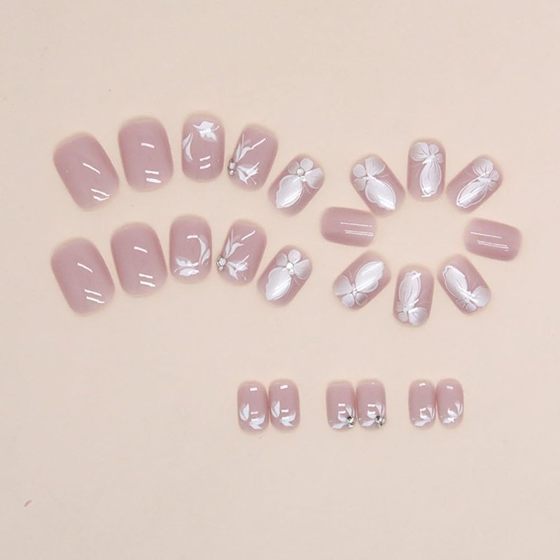 Clataly 24 Pcs Cute Butterfly Fake Nails White Flower False