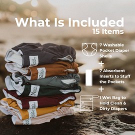 Nora's Nursery Nora's Nursery Cloth Diapers 7 Pack with 7 Inserts & 1 Wet Bag - Waterproof Cover, Washable, Reusable & One Size Adjustable Pocket Diapers for Newborns and Toddlers-Pacific Neutrals