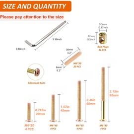 Hmevsafinect Bunk Bed Hardware Replacement Kit - 16 Set Bolts & Barrel Nuts & Wooden Dowels - M6x20/40/60/80 mm Hex Drive Socket Cap Screws Nuts for Furniture (Zinc -16 Set)