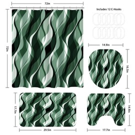 BayNook 4PCS Emerald Green Bathroom Sets with Shower Curtain and Rugs, Abstract Striped Shower Curtain Sets with Rugs for Bathroom, Modern Bathroom Curtains Shower Set with Toilet Lid Cover
