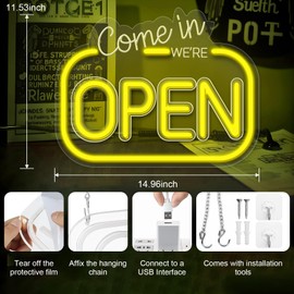 LED Neon Open Sign for Business, Dimmable Come In We Are Open Led Neon Lights for Wall Art Decor, Yellow USB Open Neon Light Signs for Coffee Shop Bar Restaurant Salon Hotel Decor