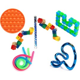 Sensory Fidget Toys Set - 10 Pcs Stress Reducer Anxiety Relief Includes :Genuine Tangle Fidget Toy, Mesh Squeeze Grape Ball, Wooden Fidget Block, Snap N Click Fidget, Stretchy Strings