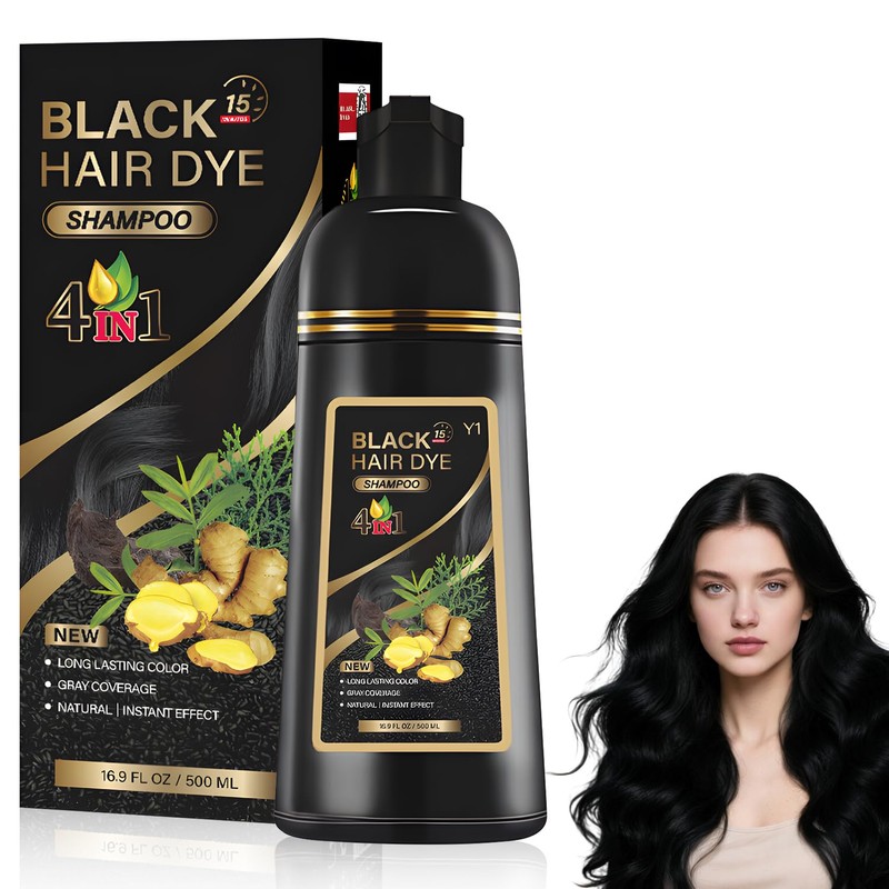 4 en 1 para Champú Colorante, Shampoo Tinte 500ml (Negro)