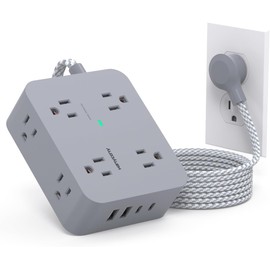 Power Bar with USB C Ports(2 USB C), 8 Outlets Surge Protector with 5 Ft Extension Cord, Flat Plug Wall Mount, Desk Charging Station for Home Office, ETL Listed Gray