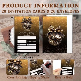 UIBOVA Leopard Print Bow Birthday Invitations, 20 PCS Black Golden Birthday Party Invitations with Envelopes, Women Teen Girls Birthday Party Supplies Baby Shower Decorations (4" x 6")-C23