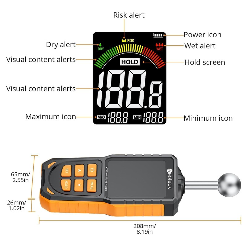 Neoteck Spherical Inductive Moisture Meter 5-40mm Analysis Depth Pinless Moisture