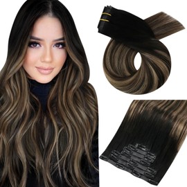 Moresoo Seamless Clip in Hair Extensions Human Hair Balayage PU Seamless Hair Extensions Clip in Human Hair Ombre Black to Brown Mix Caramel Blonde Remy Clip in Extensions 18Inch 7pcs 120g