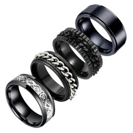 4Pcs Mens Rings Set Anxiety Spinner Chain Sandblasted Rotation Fidget Band Cool Black Bicycle Hip Hop Stainless Steel Male Jewelry 8