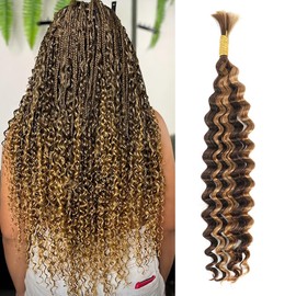 4/27 Blonde Brown Highlight Human Braiding Hair for Boho Braids Bohemian Knotless Deep Wave Bulk No Weft 1 Bundles 50g 18 Inch - Easy to Install for Salon/Home/Beginners