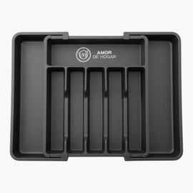 Organizador de Utensilios de Cocina, Bandeja Organizadora de Cubiertos y Accesorios, Expandible y Ajustables de 6 a 8 Compartimentos Para Cuchillos, Palas de Cocina, Cucharones (Negro) | AMOR DE HOGAR