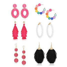 Akeoqi 6 Pairs Raffia Ball Hoop Dangle Earrings Bohemian Tiered Long Tassel Statement Earrings Circle Round Beaded Hoops Hot Pink Love Heart Drop Earring Set for Women