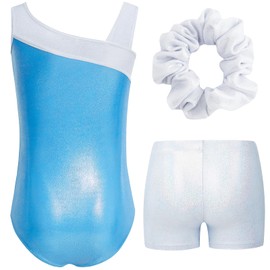 Gogokids Girls' Three Piece Gymnastics Set, Sleeveless Leotard with Shorts and Headband, Ballet Dancing Leotard Gymnastics Outfit with Sparkling for Girls, Sleeveless Jerseys for 3-12 Years, blue