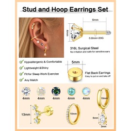 FANCH 8Pairs Hypoallergene Ohrringe Set für Damen Chirurgenstahl Creolen Ohrringe Set Teardrop Ohrringe Hängend 14K Gold Knorpel Flache Rücken Ohrring Stacks für Mehrere Piercing 20G Gold