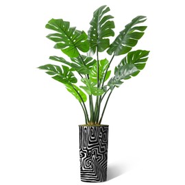 Artificial Tree in Modern Geometric Pattern Planter, Fake Monstera Silk Tree for Indoor and Outdoor Home Decoration - 65" Overall Tall (Plant Pot Plus Tree)