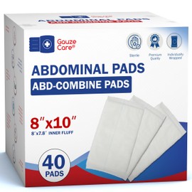 Gauze Care GauzeCare Sterile Abdominal- ABD Combine Pads| 40-Pack, 8x10 Inches| Extra Absorbent & Thick, Individually Wrapped Wound Dressing, First Aid Pads| Surgical-Grade, Nonstick- for Heavy Leakage, Post Op