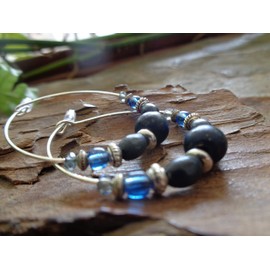 Jeans blue crystal glass wooden hoop earrings. Unique, lightweight earrings made from a great material mix in blue