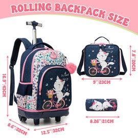 ZBAOGTW Backpack with Wheels for Girls Rolling Backpack for School with Lunch Bag Cute Carry On Backpacks for Elementary Student