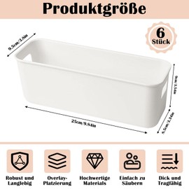 Erinnmy Aufbewahrungsbox Kunststoff, 6 Stück Organizer Box mit Griffen, Aufbewahrungskorb Küchenschrank Organizer,Aufbewahrung Box Körbe Kunststoffbox für Bad Badezimmer Küchen,25 x 9.5 x 9cm(Weiß)