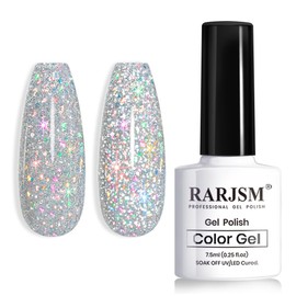 RARJSM Reflective Glitter Gel Polish Silver Sparkling Glitter Iridescent Shimmer Gel Polish Sparkle Diamond Gel Polish Holographic Gel Polish Soak off Nail Art Varnish Manicure for Salon DIY at Home