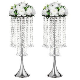 2Pcs 21.88" Height Elegant Centerpieces with Chandelier Crystals Metal Vase Silver Flower Stand for Table Wedding Centerpieces Decorations, Christmas,Event, Home, Party