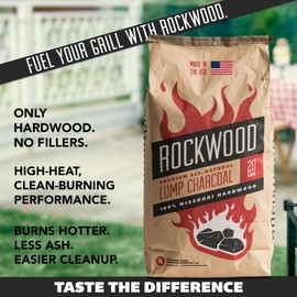 Rockwood Premium Hardwood Lump Charcoal – Oak, Hickory & Cherry Blend for Restaurant Quality Barbecue Smoking & Grilling – Smoky Flavor BBQ, Clean Burning for Kettle & Kamado Grills – 20lbs (2 Packs)