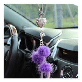 Ziciner Bling Diamond Heart Car Interior Accessories, Car Mirror Hanging Ornament for Women, Love Heart & Pink Plush Ball Decor Ornament Pendant, Car Hanging Decoration Charm Pendant (Purple)