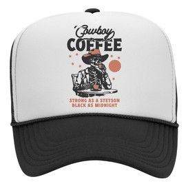 Cowboy Coffee Trucker Hat | Vintage Streetwear Cowgirl Western Country Trendy | Premium Foam Snapback Hat for Men & Women (US, Alpha, One Size, Black/White)