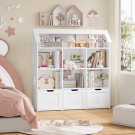 FOTOSOK Toy Storage Organizer with House-Shaped Design, Kids Bookshelf Dollhouse Bookcase with 3 Movable Drawers and 6 Storage Cubbies, Toy Organizers and Storage Toy Shelf Organizer for Playroom