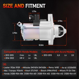 19264 19159 New Starter Motor Compatible with 2012-2015 Honda Civic 1.8L 2016-2022 Honda HR-V 1.8L 2013-2015 Acura ILX 2.0L L4 Engine, Replace # 19264N 31200-R1A-A01 31200-R0A-004 31200-RIA-A11