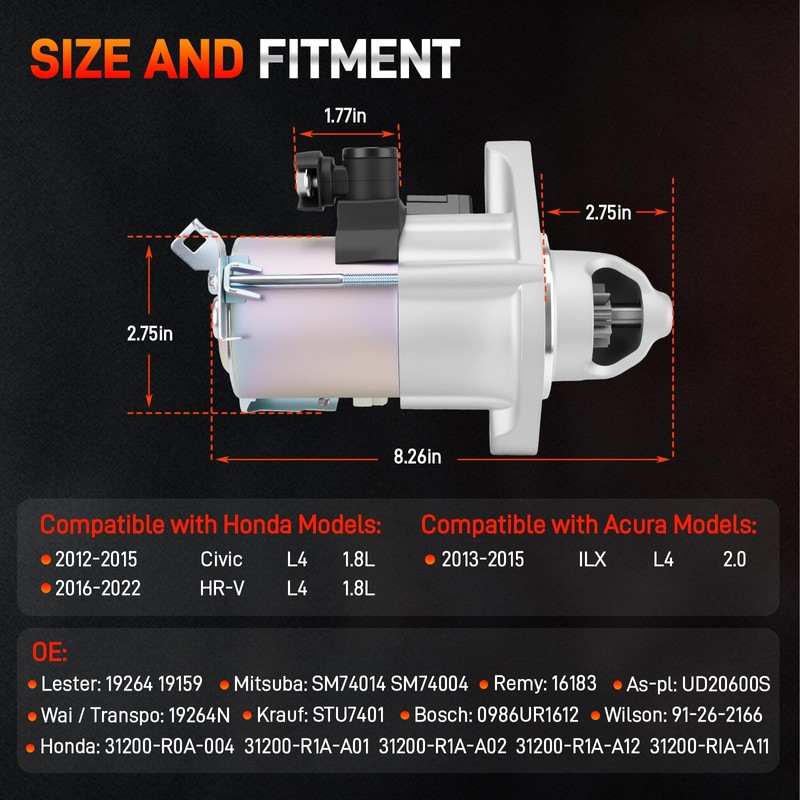 19264 19159 New Starter Motor Compatible with 2012-2015 Honda Civic