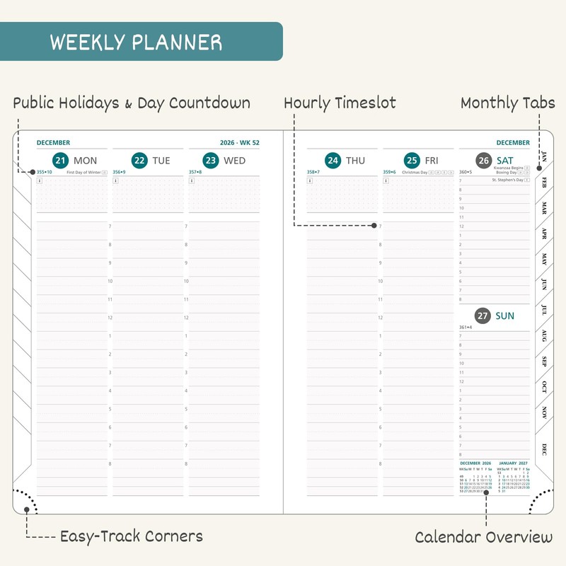 BEZEND 2027 Diary A5 Week to View with Vertical Timeslots