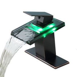 ICREEH LED Waterfall Bathroom Sink Faucet, 3 Colors Changing Glass Spout Faucet with Water Supply Hose, Single Handle Single Hole Slanted Body Brass Mixer Vanity Sink Tap (Oil Rubbed Bronze