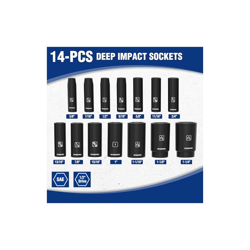 WORKPRO 14-Piece 1/2＂ Drive Deep Impact Socket Set, 6-Point Impact